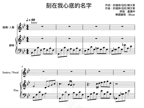 刻在我心底的名字 伴奏譜 封面 刻在我心底的名字 伴奏譜 封面