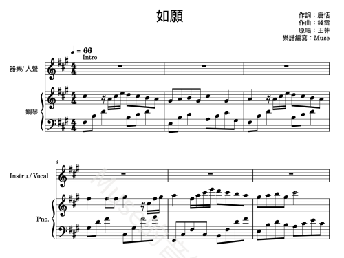 王菲- 如願 伴奏譜 封面